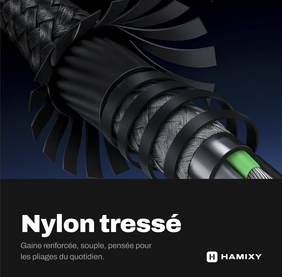Vue en coupe du câble USB-C HAMIXY : gaine en nylon tressé renforcée et souple
