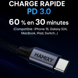 Câble USB-C vers USB-C HAMIXY 1 m en nylon tressé noir, charge rapide