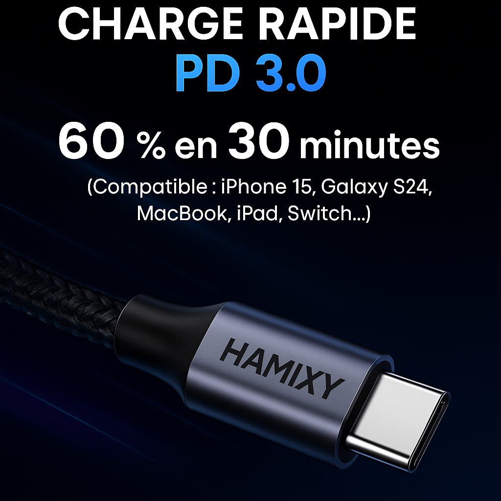 Câble USB-C vers USB-C HAMIXY 1 m en nylon tressé noir, charge rapide 60 W